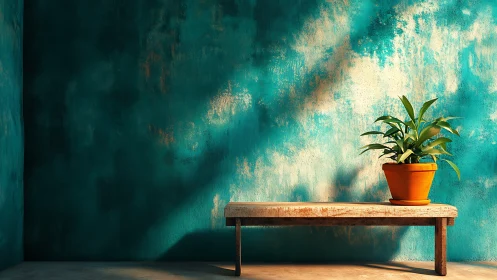 Photorealistic still life with plant on bench against teal wall.