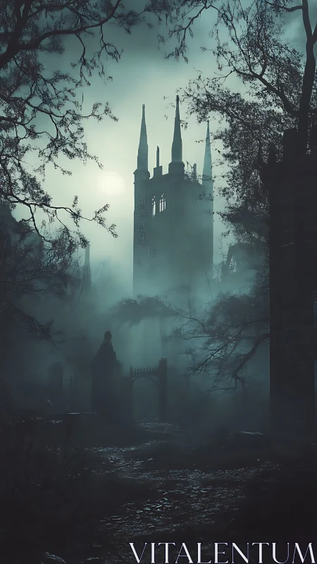 Gothic cathedral tower rises through dense blue-green fog