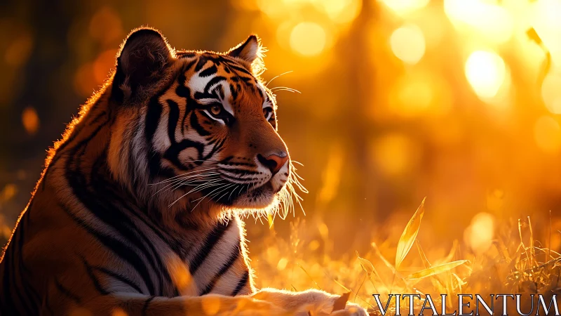 Gentle tiger resting in golden evening forest light.
