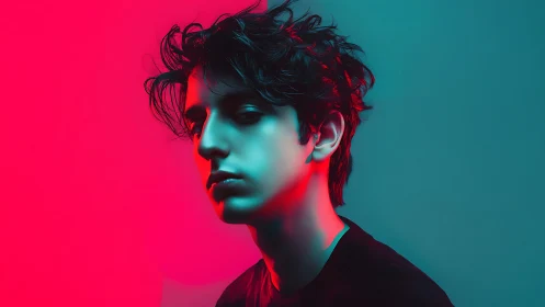Neon-shadowed youth caught between cyan calm and crimson fire.