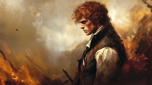 War-torn young swordsman stands amid swirling painterly flames