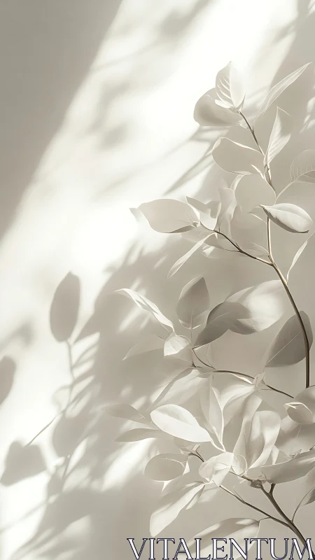 Minimalist leafy branch casting soft shadows on wall.