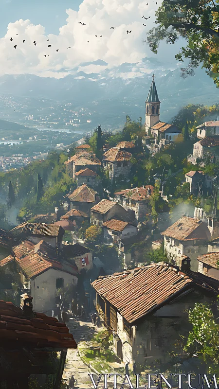 Hilltop village overlooks misty valley under bright clouds.