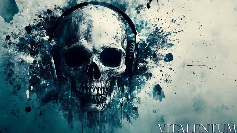 Human skull with headphones is rendered in splattered ink