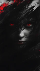 Crimson-eyed shadow portrait with stark monochrome contrast.
