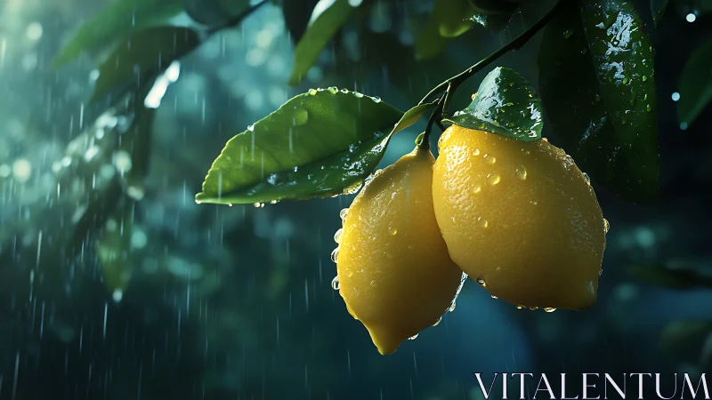 Lemons hang from a wet branch under controlled rain lighting