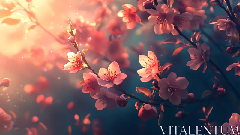 Cherry blossoms illuminated at sunset in warm golden light.