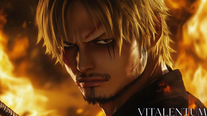 Smoldering blond warrior in close-up amid blazing inferno.