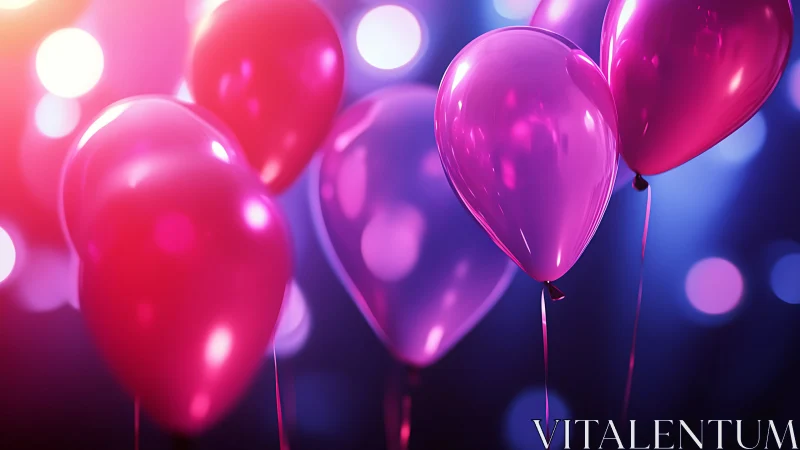 Neon Balloons Floating Against Blurred Bokeh Background.