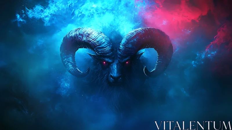 Celestial ram spirit glows within swirling cosmic mist.