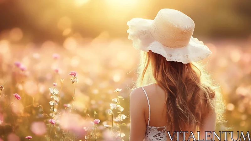 Back view of woman in hat standing in sunlit flower field