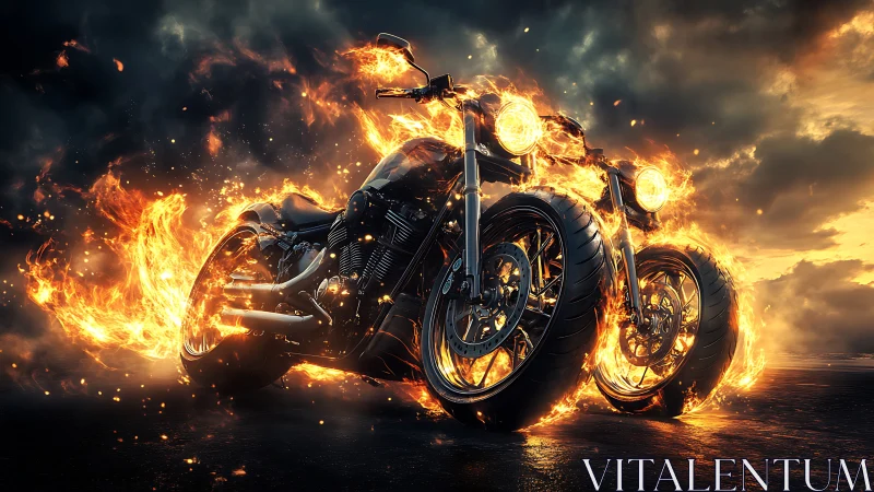 Flaming custom motorcycles roar against a stormy twilight sky