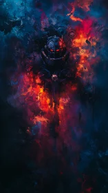 Armored war machine emerges through infernal nebula flames.