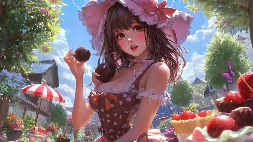 Anime girl in frilled dress holding chocolate in sunny market