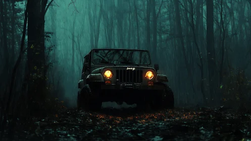 Off-road Jeep with headlights on in dark rainy forest.