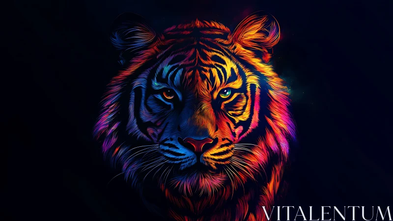 Neonfire tiger gazes through cosmic dark with electric calm.