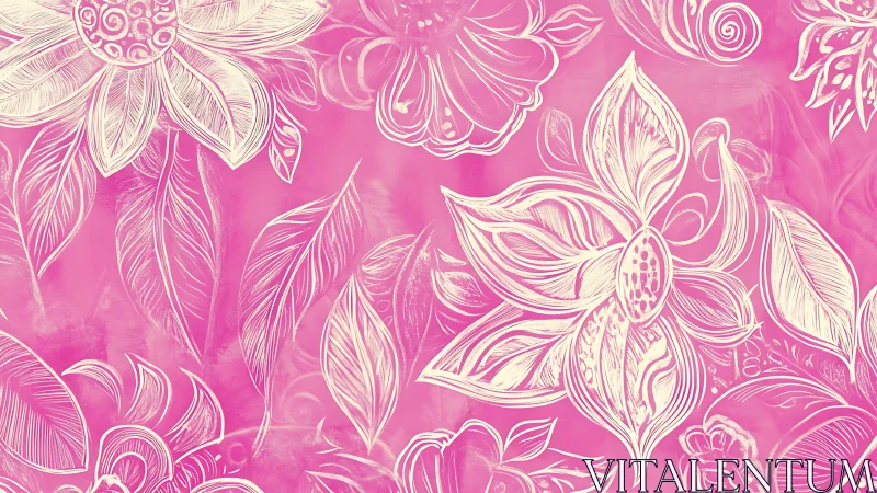 Ornamental Botanical Line Art on Magenta Background.