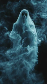 Translucent spectral figure formed from vertical blue smoke.