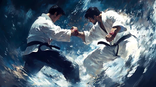 Martial artists locked in dynamic, ocean-splashed combat tableau.