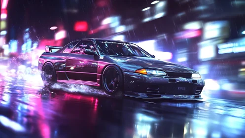 Neon-soaked street racer drifting through cinematic rain.