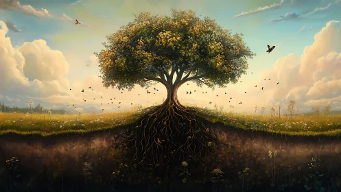 Majestic tree with exposed roots in dreamy landscape, digital art.