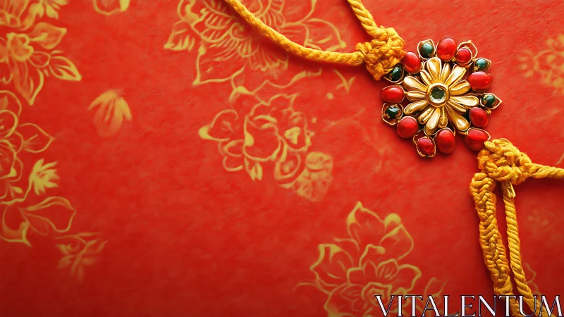 Photographic macro of ornate rakhi on floral red ground.