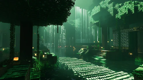 Voxel forest temple rendered with volumetric light shafts and GI