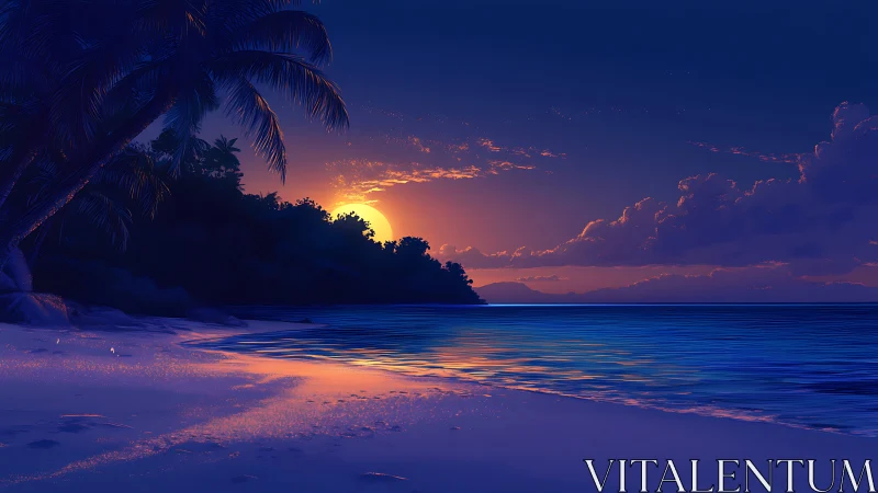 Tropical shoreline sunset with cobalt waves and violet glow.