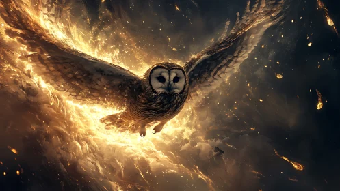 Majestic Owl Soaring Through Fiery Night Sky in Fantasy Art.