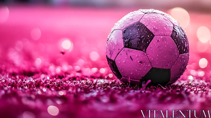 Neon raindrop soccer ball resting on sparkling pink turf.