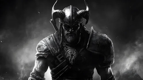 Horned armored warrior in dramatic monochrome portrait.