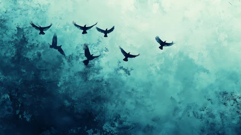 Silhouetted birds in flight over textured teal sky field.