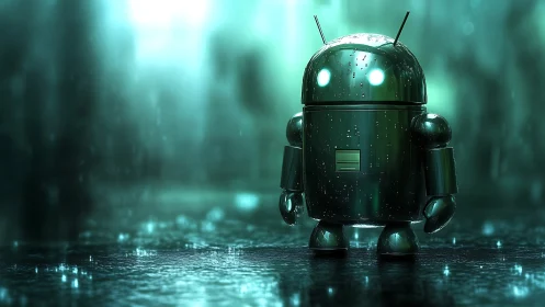 Robot mascot stands on wet reflective surface in rainfall