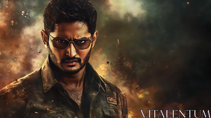 Male subject in uniform stands before digitally composited blast