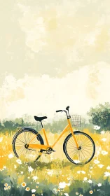 Yellow bicycle rests in blooming wildflower meadow.
