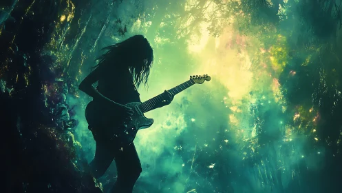Silhouetted guitarist in dense misty forest environment.