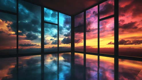 Panoramic glass atrium with dual-spectrum sunset sky reflection.