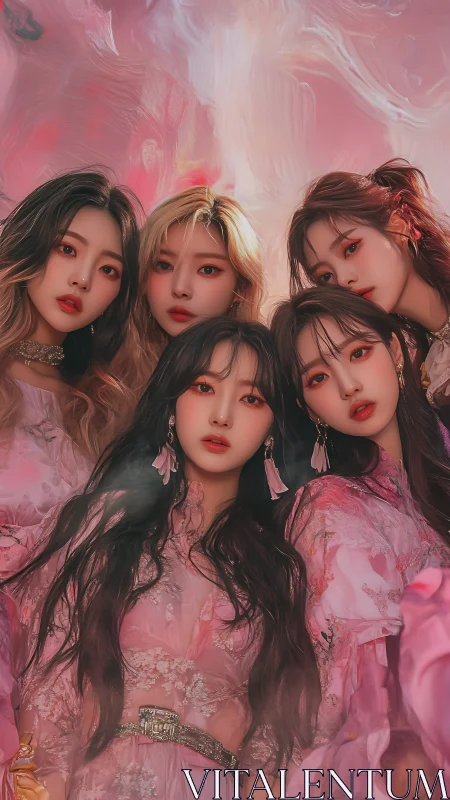 Five stylized women pose in coordinated pink floral dresses