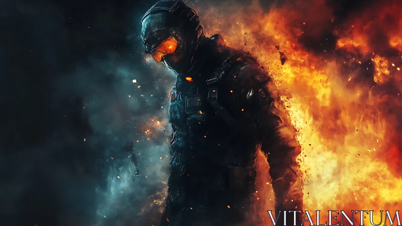 Armored humanoid figure amid contrasting fire and smoke.