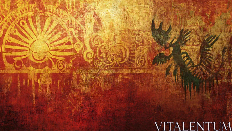 Sunlit relics and shadowed dragon on weathered gold wall.