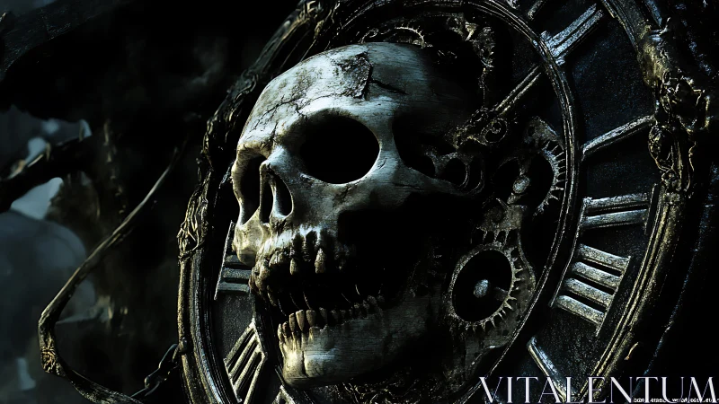 Human skull integrated into aged mechanical clock face.