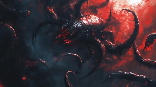 Alien tentacled hive pulses within infernal red nebula field