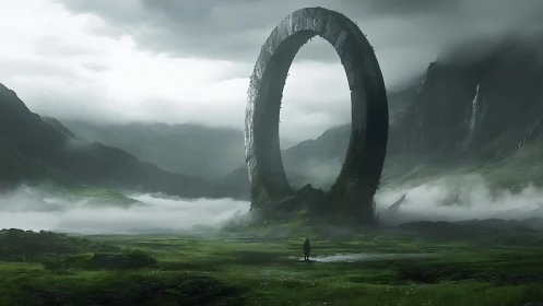 Monolithic Ring Portal in Mist-Laden Valley Environment.