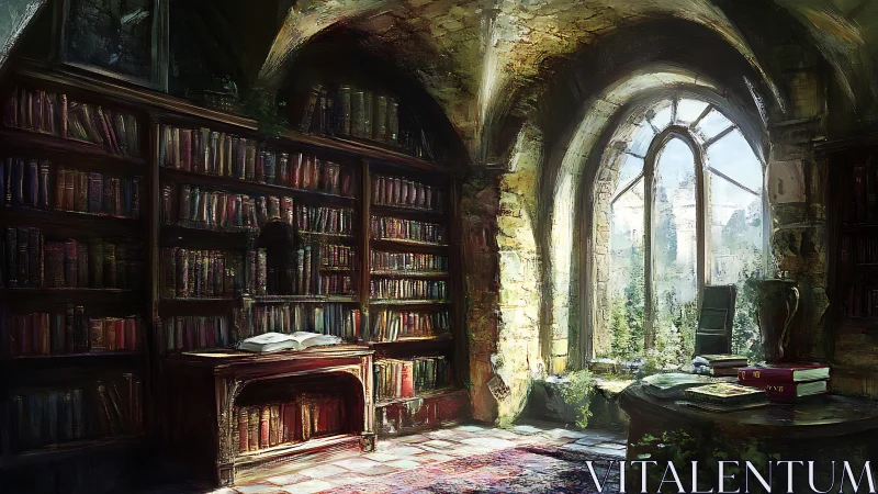 Sunlit stone library nook filled with quiet, timeless wonder.