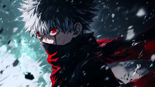 Anime rogue portrait with dynamic scarf and bokeh storm.