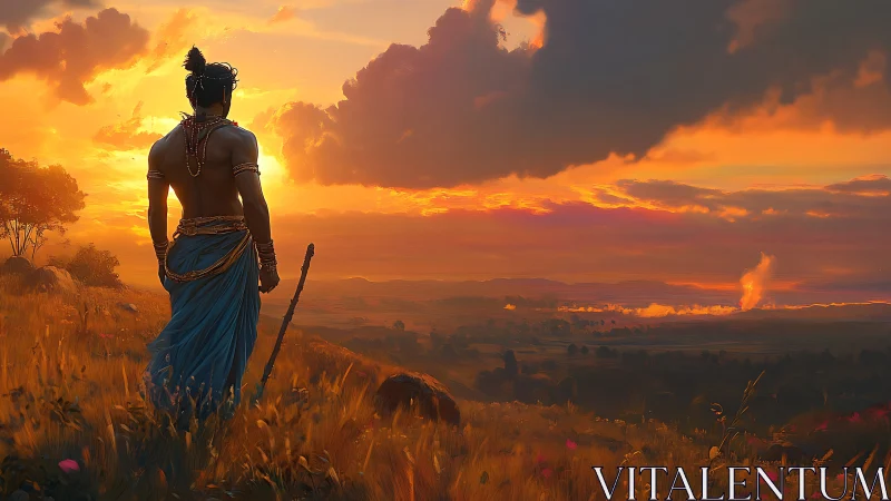 Solitary robed figure observes expansive sunset valley scene