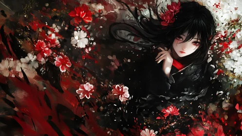 Dark haired figure in floral field with red and white petals.