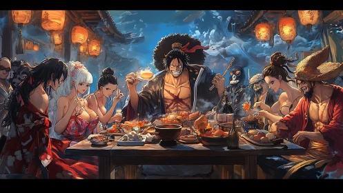 Anime warrior banquet under lantern-lit night sky.