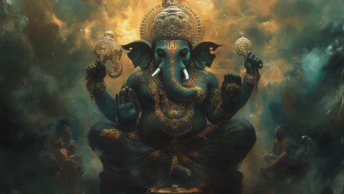 Divine elephant-headed deity seated in radiant cosmic smoke