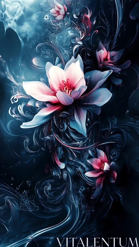 Abstract luminous flowers within dark swirling liquid forms.